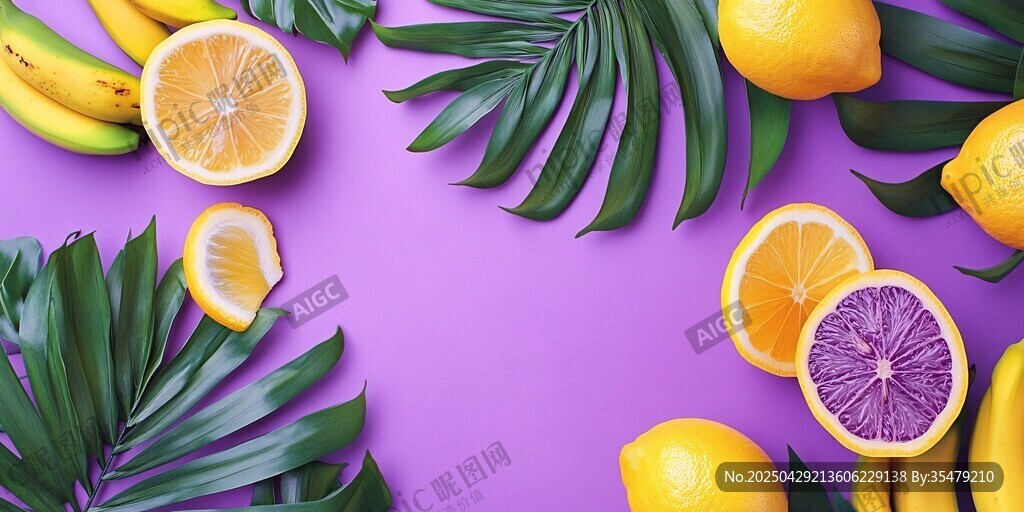 紫色背景上的柠檬与香蕉