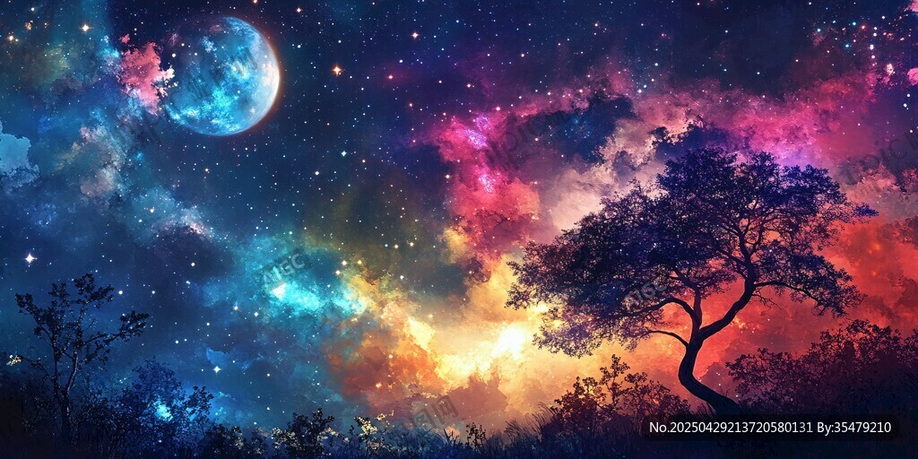 梦幻星空下的孤独之树