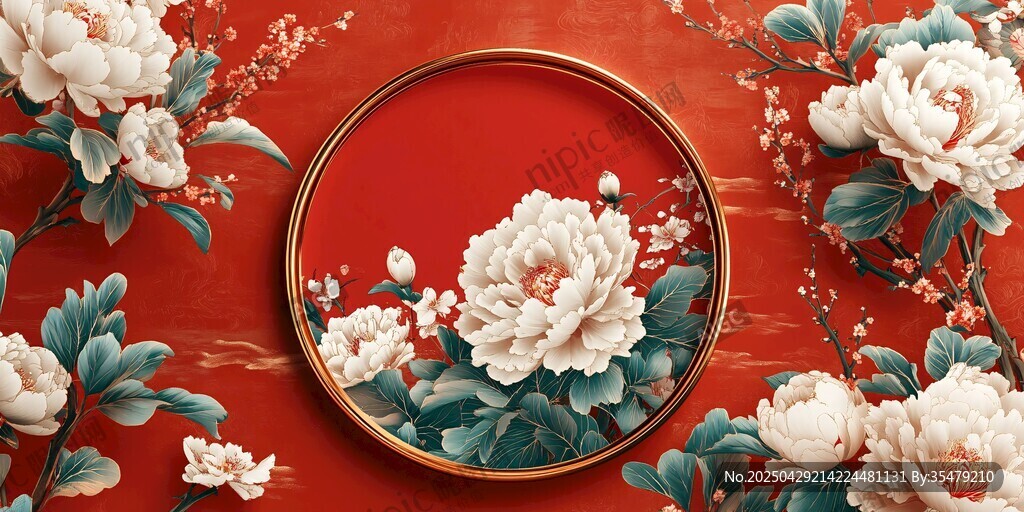 中式红底牡丹花卉装饰画