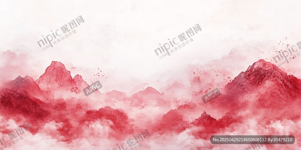 水墨红山云雾缥缈美景