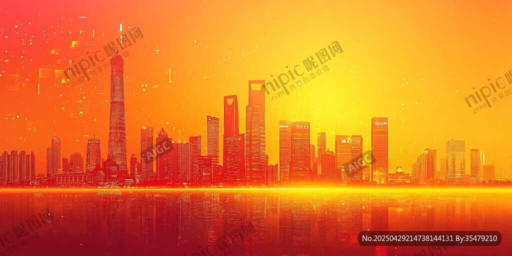 夕阳下的璀璨城市天际线