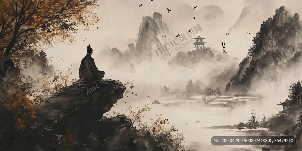 独坐山巅赏山水诗意景
