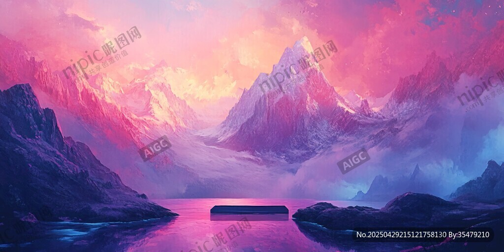 梦幻粉色山水间的宁静之景