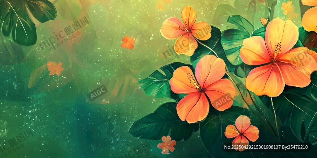 橙花绿叶梦幻自然风景