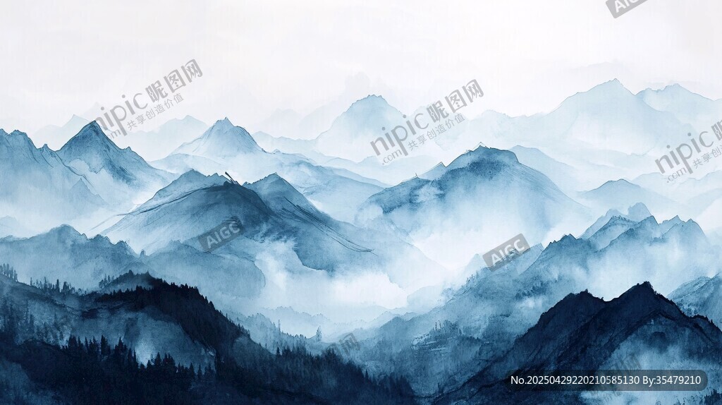 水墨群山 云雾缭绕之景