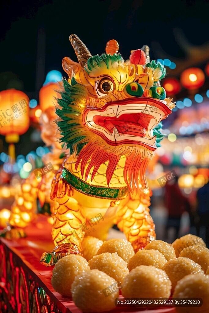 龙形彩灯前的金黄团子