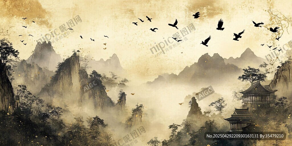 水墨山水飞鸟意境图