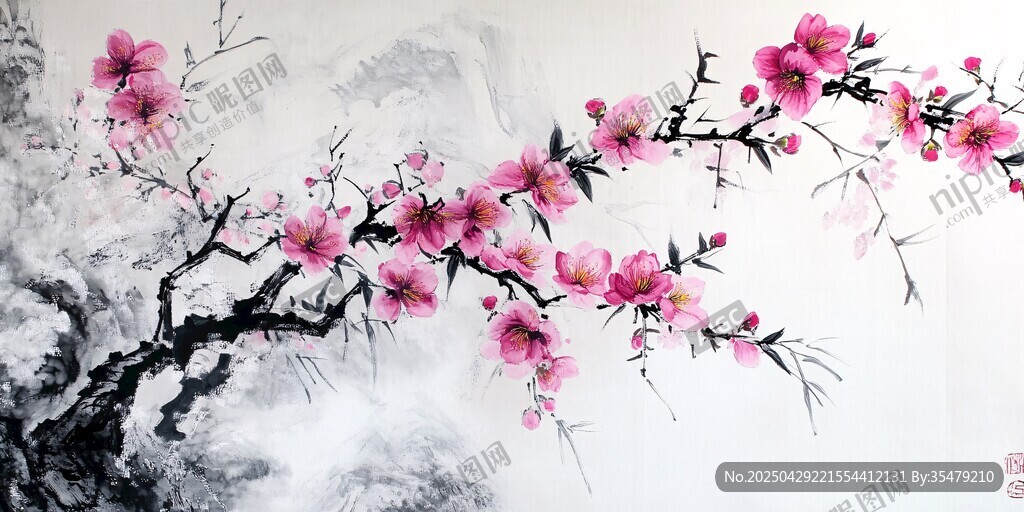 水墨桃花图 尽显东方雅韵