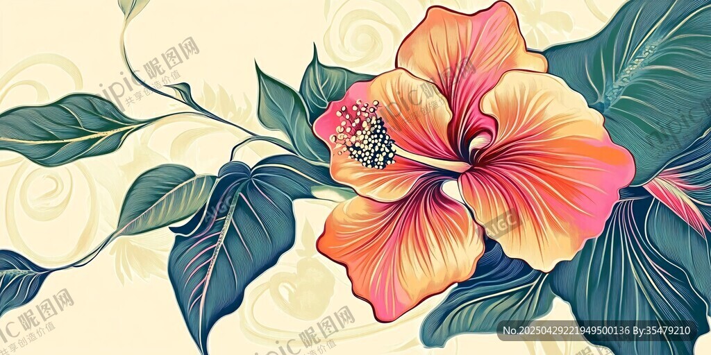 艳丽扶桑花的精美插画