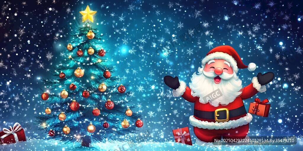 圣诞老人伴圣诞树雪景