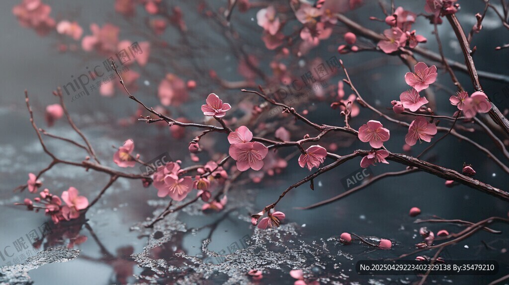 水中绽放的娇艳粉色花枝