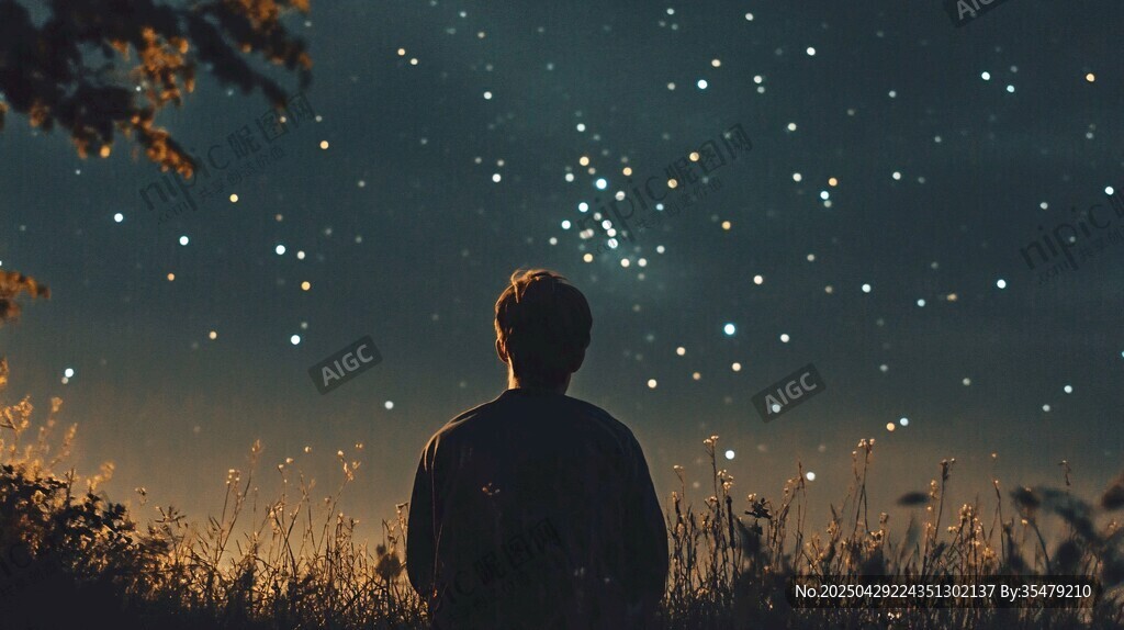 少年仰望夜空中闪烁繁星