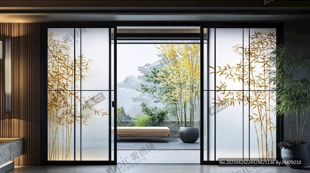 中式雅致玻璃门庭院景致