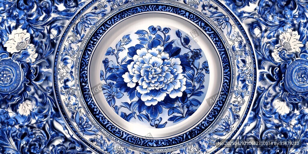 青花瓷盘上的典雅花卉图案