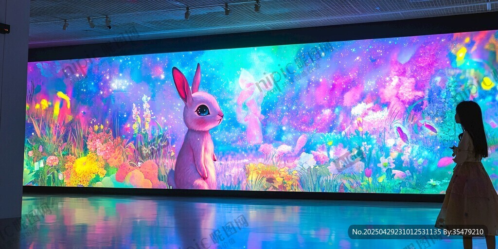 女孩观赏梦幻兔子动画墙