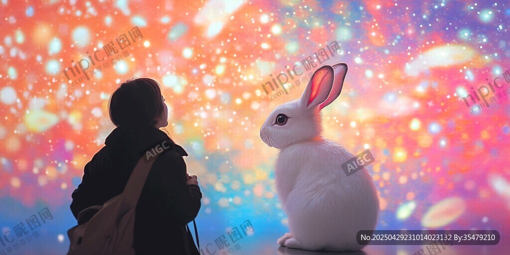 女孩与梦幻白兔的奇妙对视