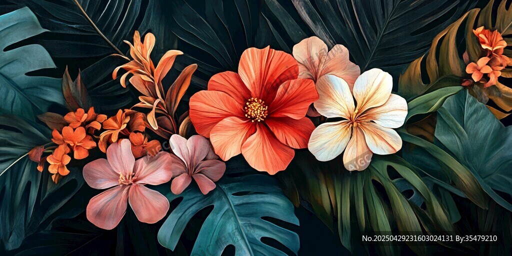 热带花卉与绿叶的梦幻组合