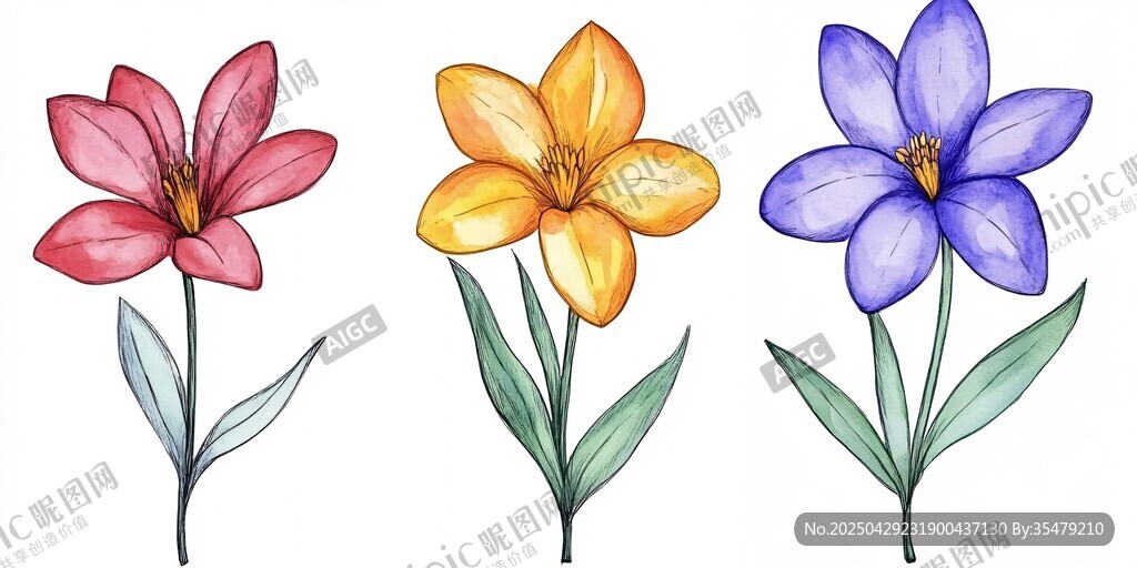 三色花卉水彩插画