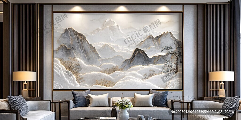 中式客厅中的山水艺术挂画