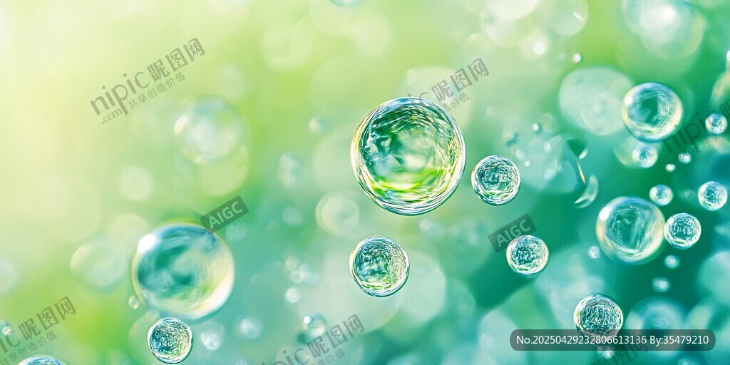 梦幻绿背景下的晶莹气泡