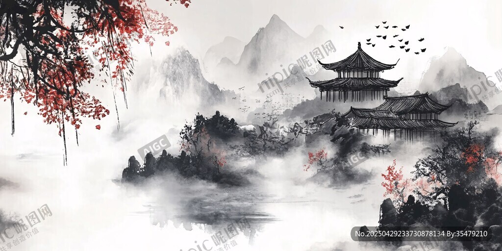 水墨山水间的古韵楼阁