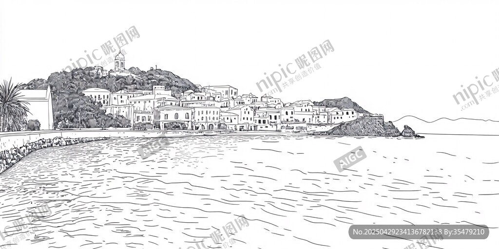 海边小镇线描风景图