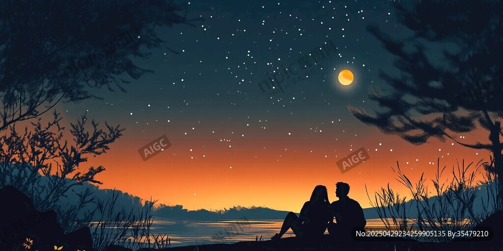 月下情侣共赏星空美景