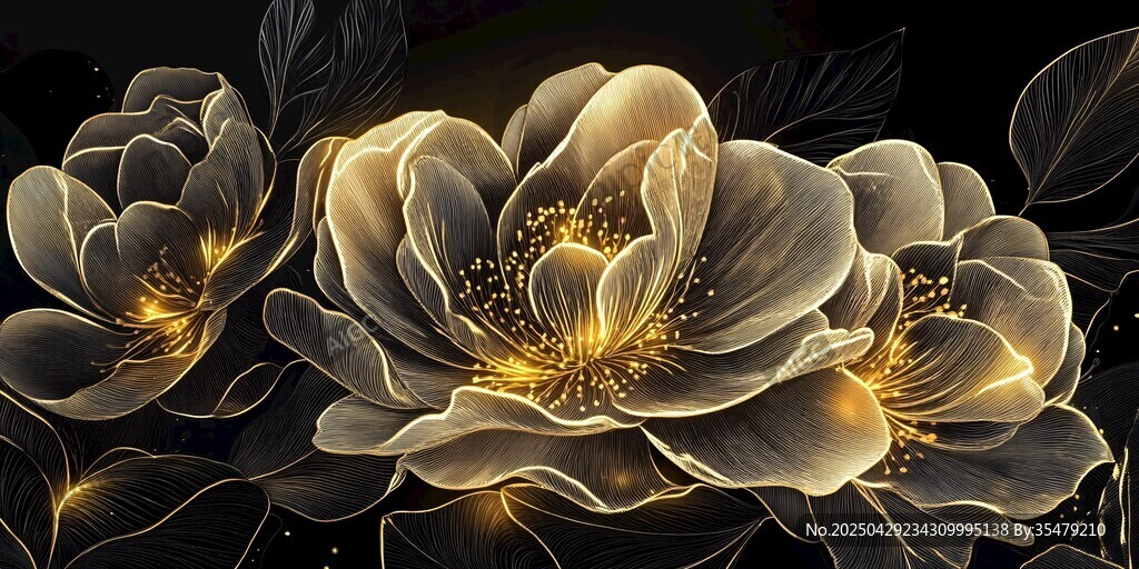 金色梦幻花卉艺术插画