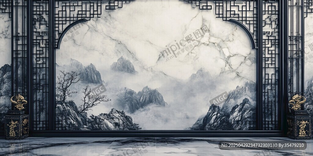 中式山水意境大理石背景墙
