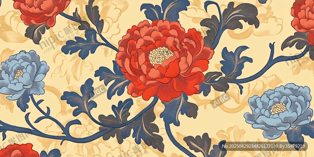 中式牡丹花卉图案纹理