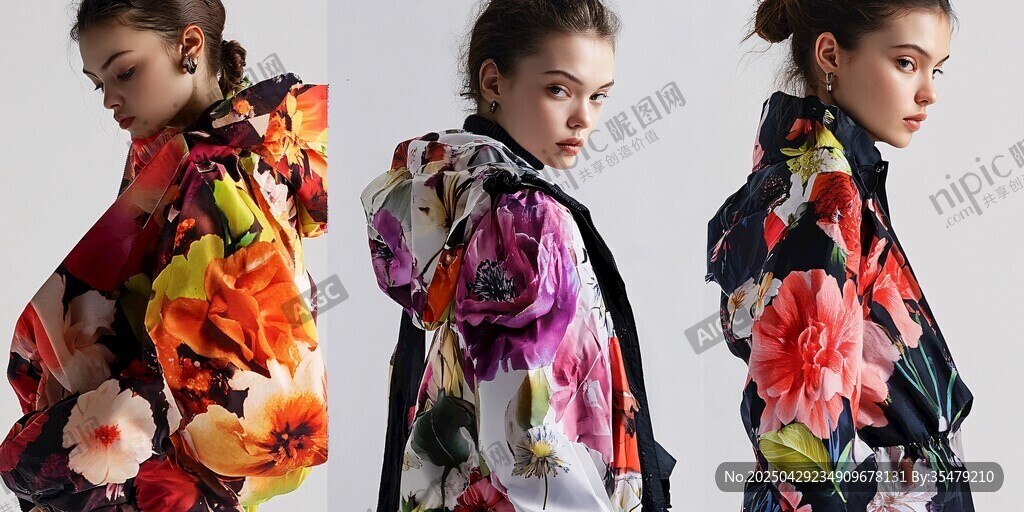 时尚印花外套模特多角度展示