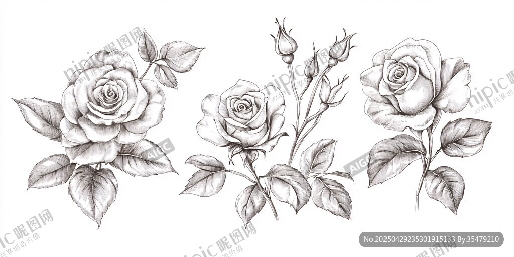 素描玫瑰花插画集合