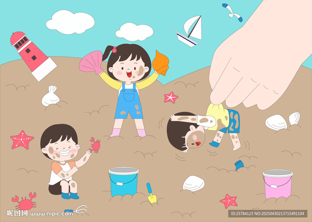 夏季户外海边沙滩玩耍挖沙子螃蟹