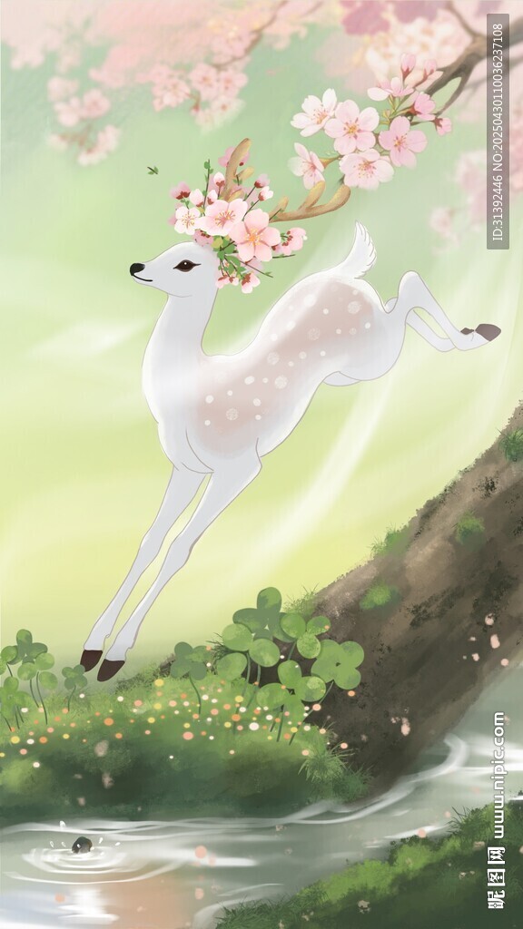 梦幻白鹿跃于繁花溪流间