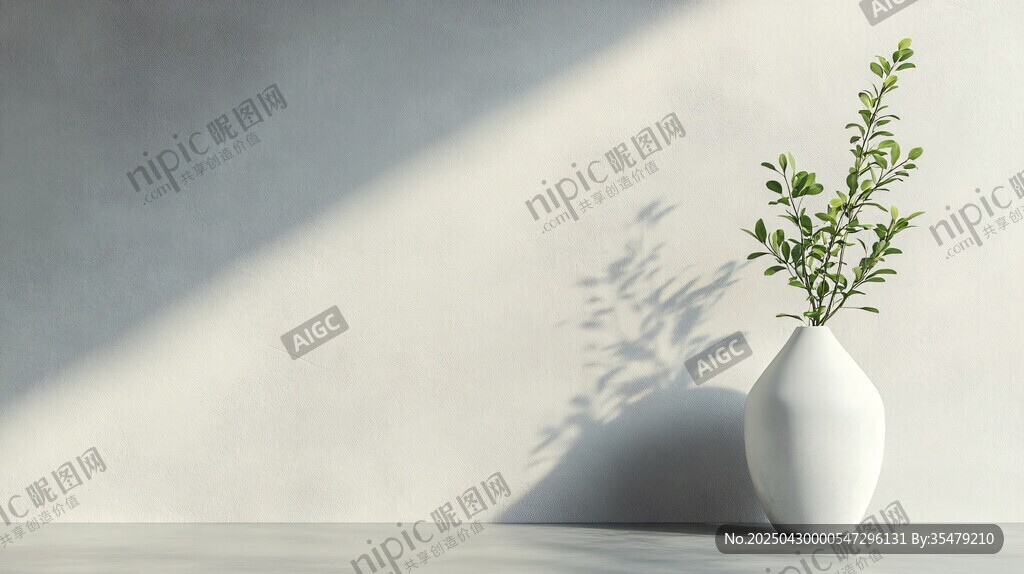 简约白瓶绿植光影静物