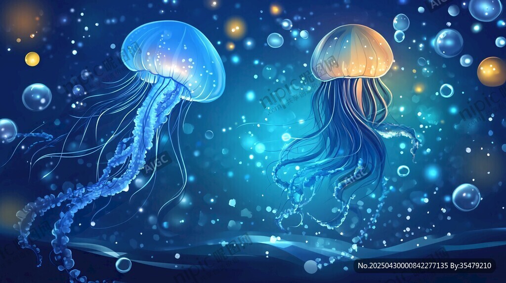 梦幻水母在蓝色海洋中游弋