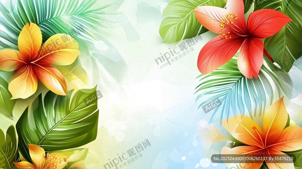 热带花卉绿叶清新背景图