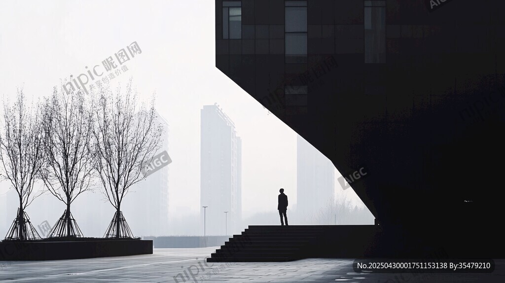 雾中建筑下的孤独身影
