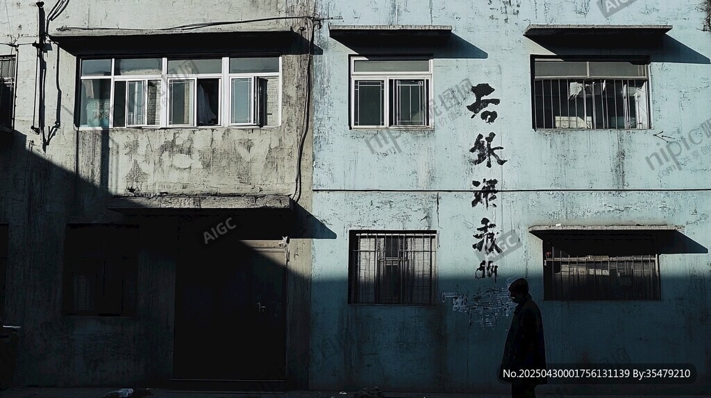 老旧建筑前的孤独身影