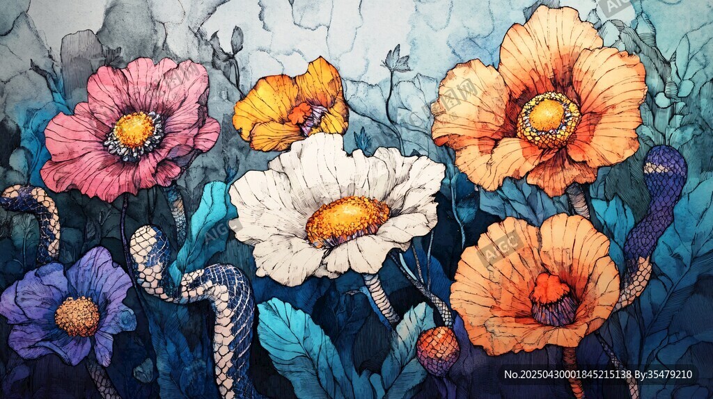 多彩花卉艺术插画
