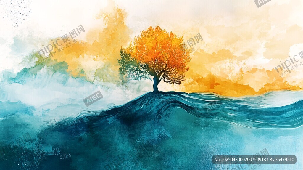 秋日孤树绘梦幻水彩风景
