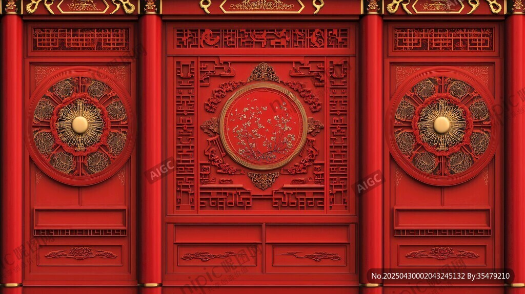 中式红漆雕花大门