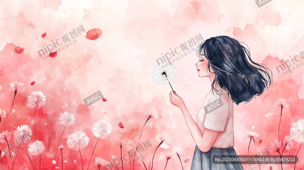 女孩在粉色花海中吹蒲公英