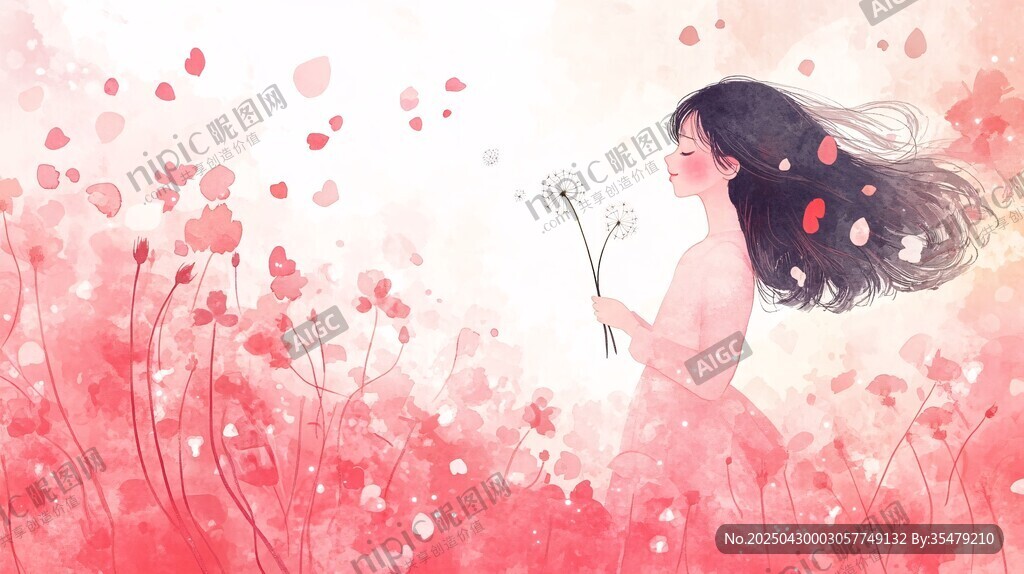 漫步花海的梦幻少女