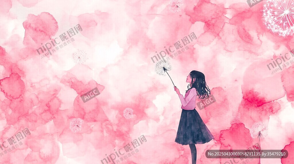 梦幻粉调中女孩持蒲公英