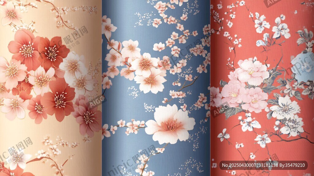 三款中式花卉图案壁纸展示
