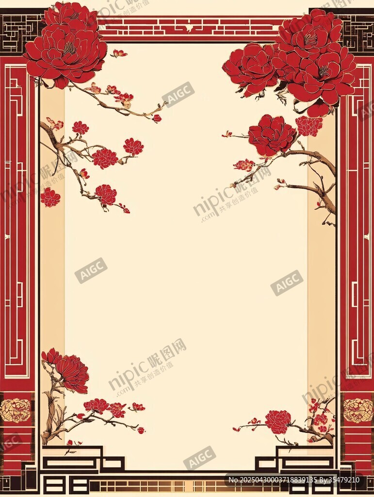 中式红牡丹边框装饰图