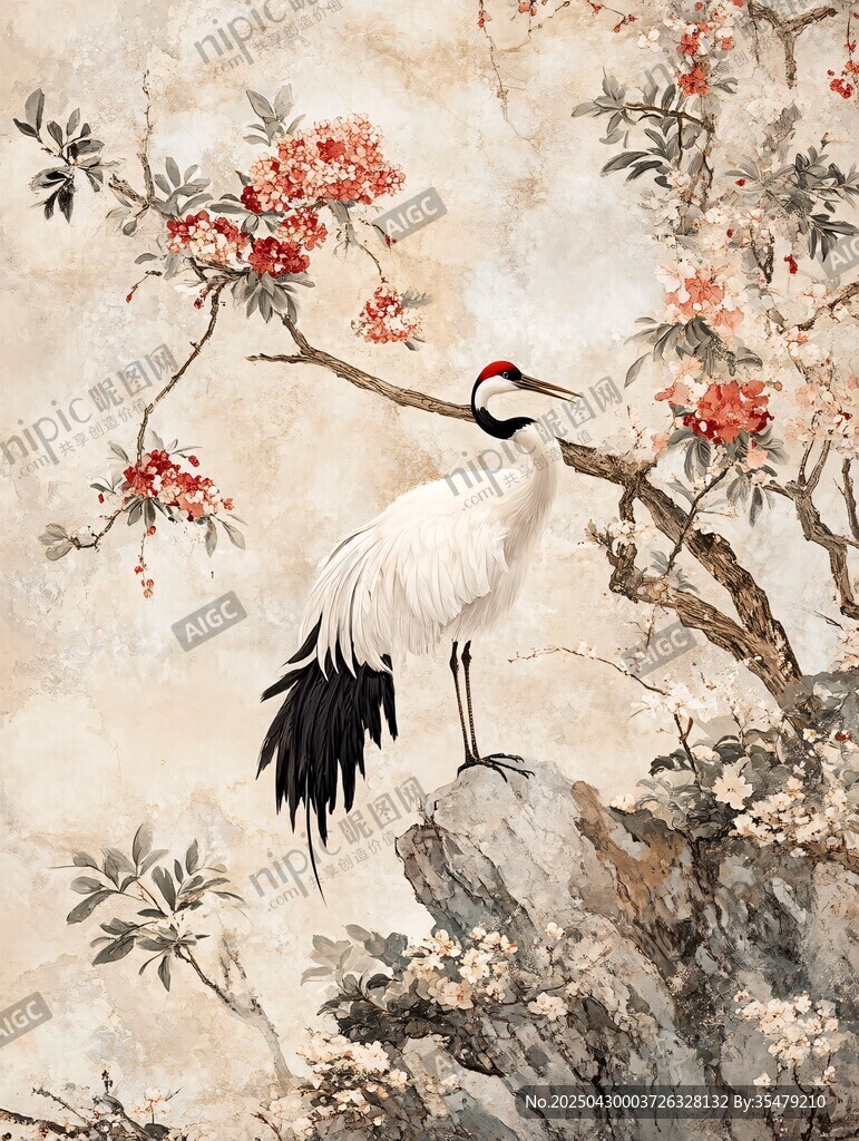 丹顶鹤立于繁花山石间