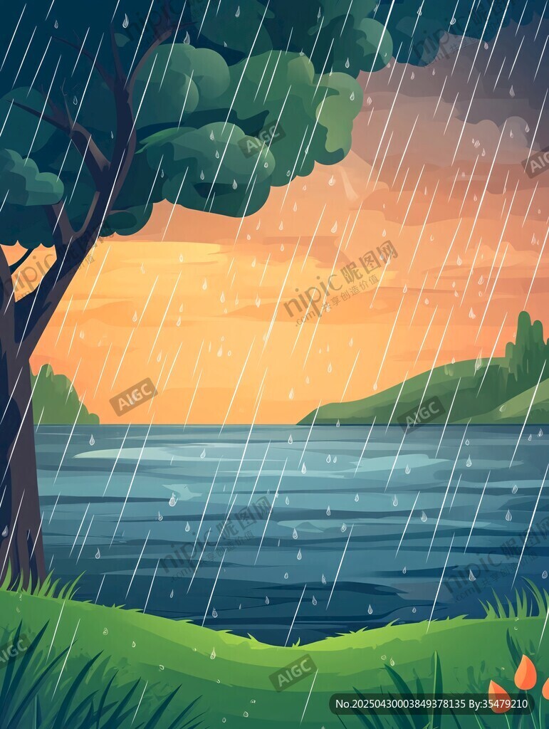 雨中湖畔美景