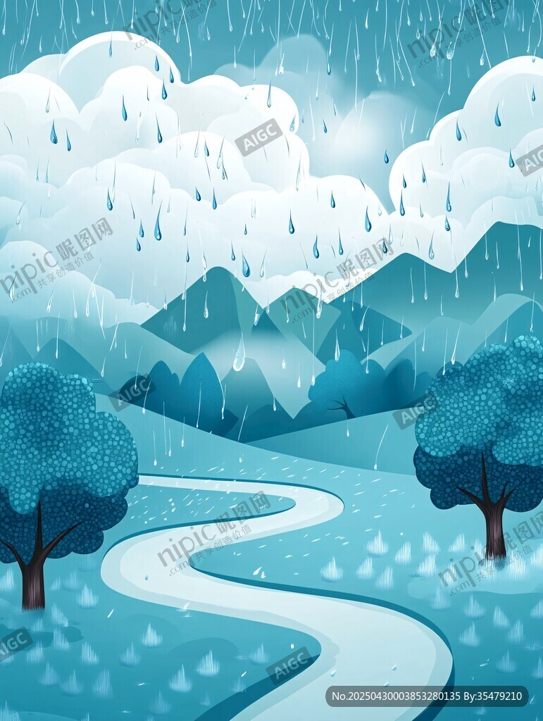 雨中蜿蜒小路的清新风景